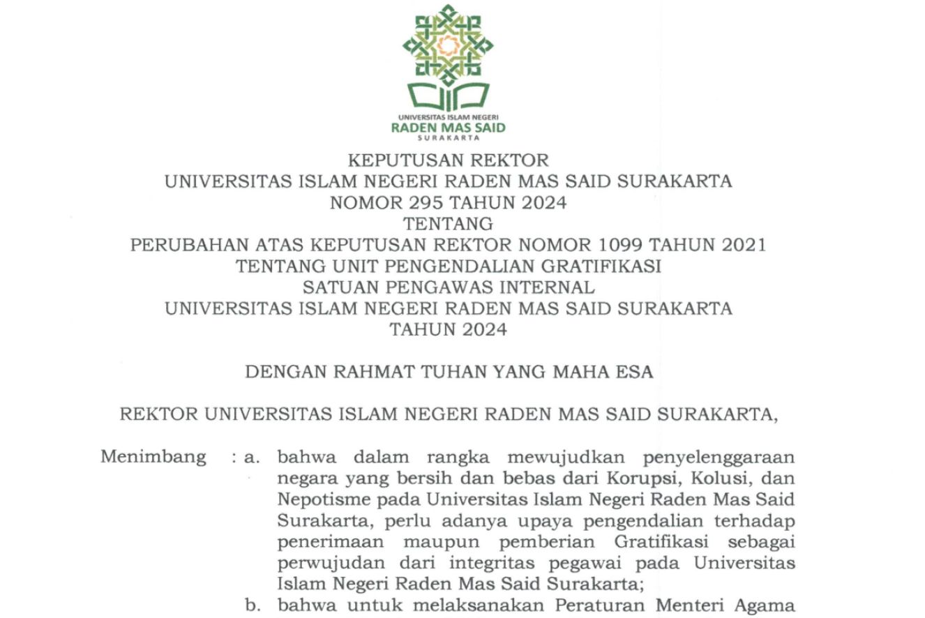 SK UNIT PENGENDALIAN GRATIFIKASI SATUAN PENGAWAS INTERNAL UNIVERSITAS ISLAM NEGERI RADEN MAS SAID SURAKARTA TAHUN 2024